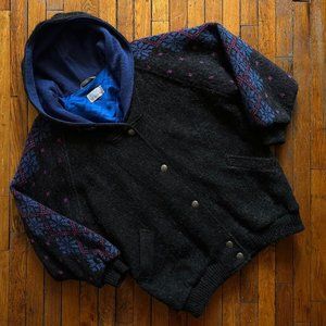 Vintage 80s Alafoss‎ of Iceland Men Black Blue Purple 100% Wool Hooded Coat.